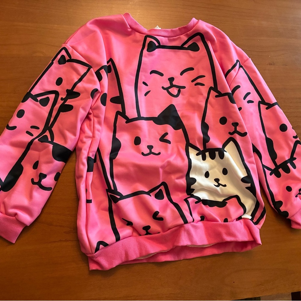 SHEIN Hot Pink Crewneck Sweatshirt with Black Cat Graphic